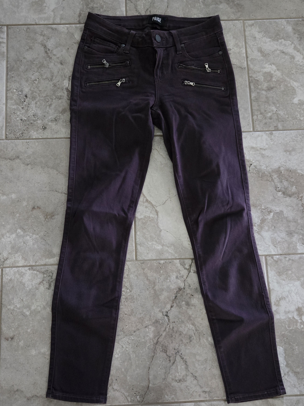 PAIGE Deep Plum Skinny Pants with Zip Pocket Details